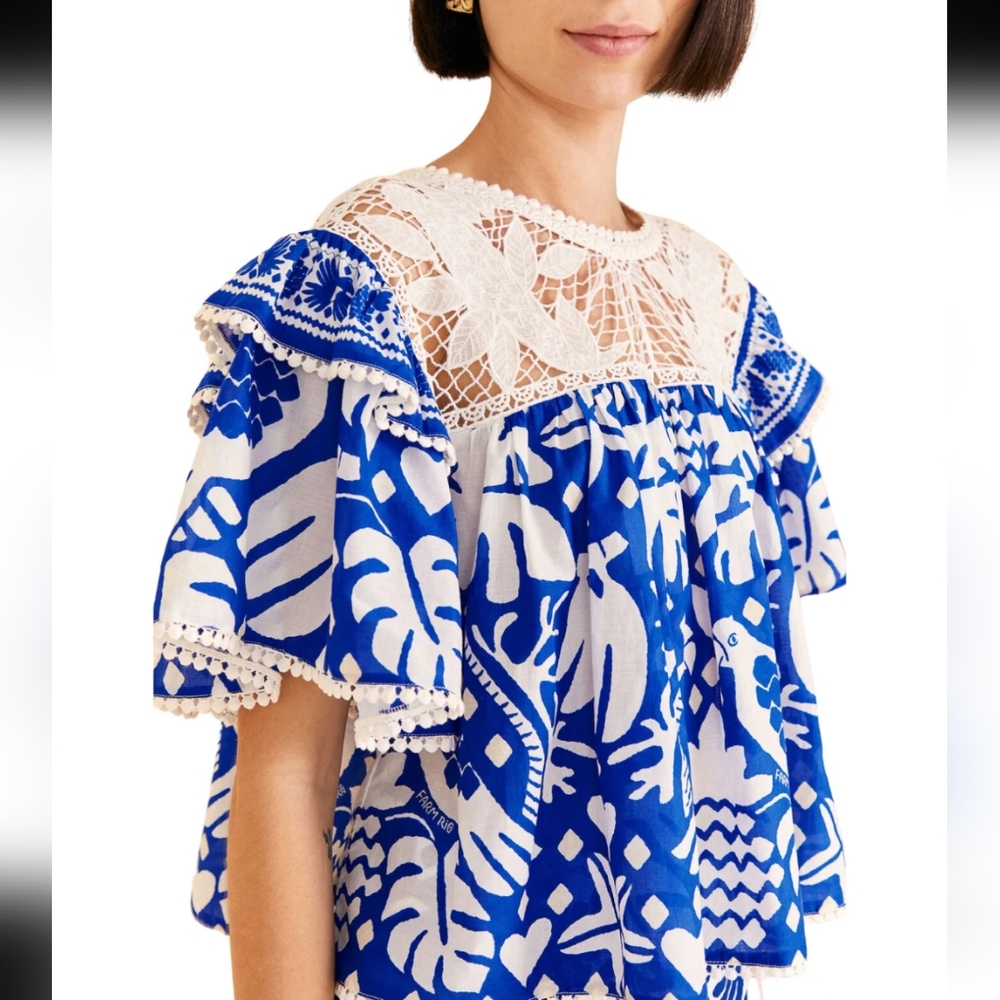 Farm Rio Jungle Scarf Blouse Lace panel Ruffle